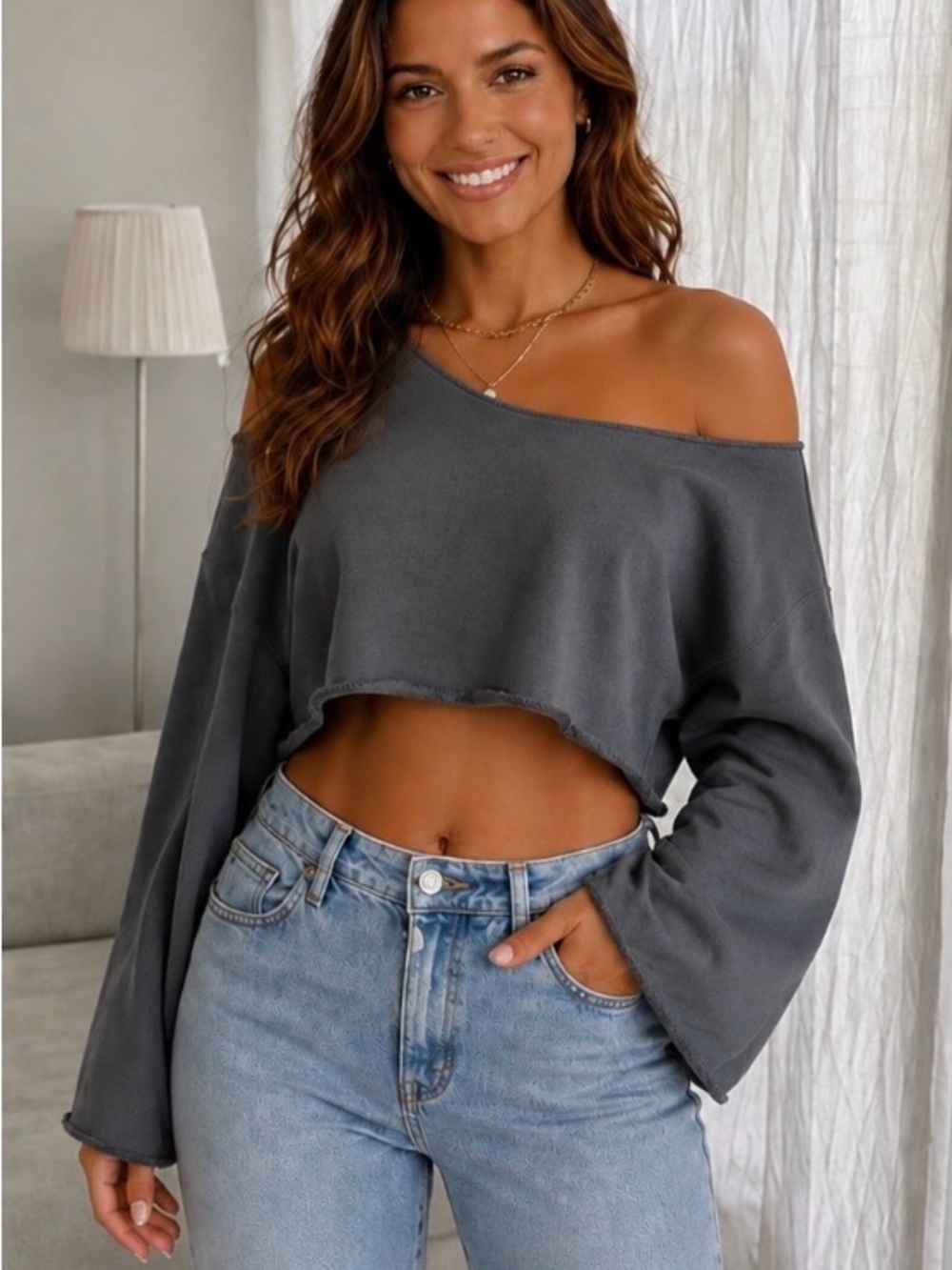 Zara Dark Gray Off-the-Shoulder Cropped Sweater - Picture 1 of 9